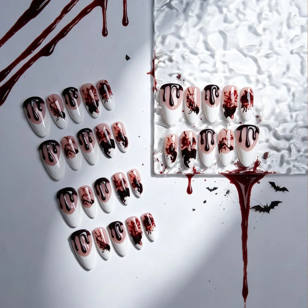 Nailhour 30Pcs 3D French Halloween Medium Almond Press On Nails