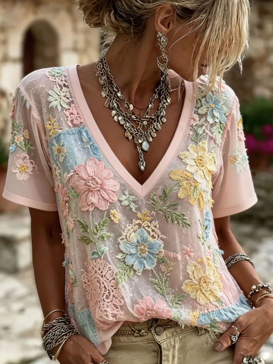 Boho Floral Art Linen Blend V-Neck Short Sleeve Shirt