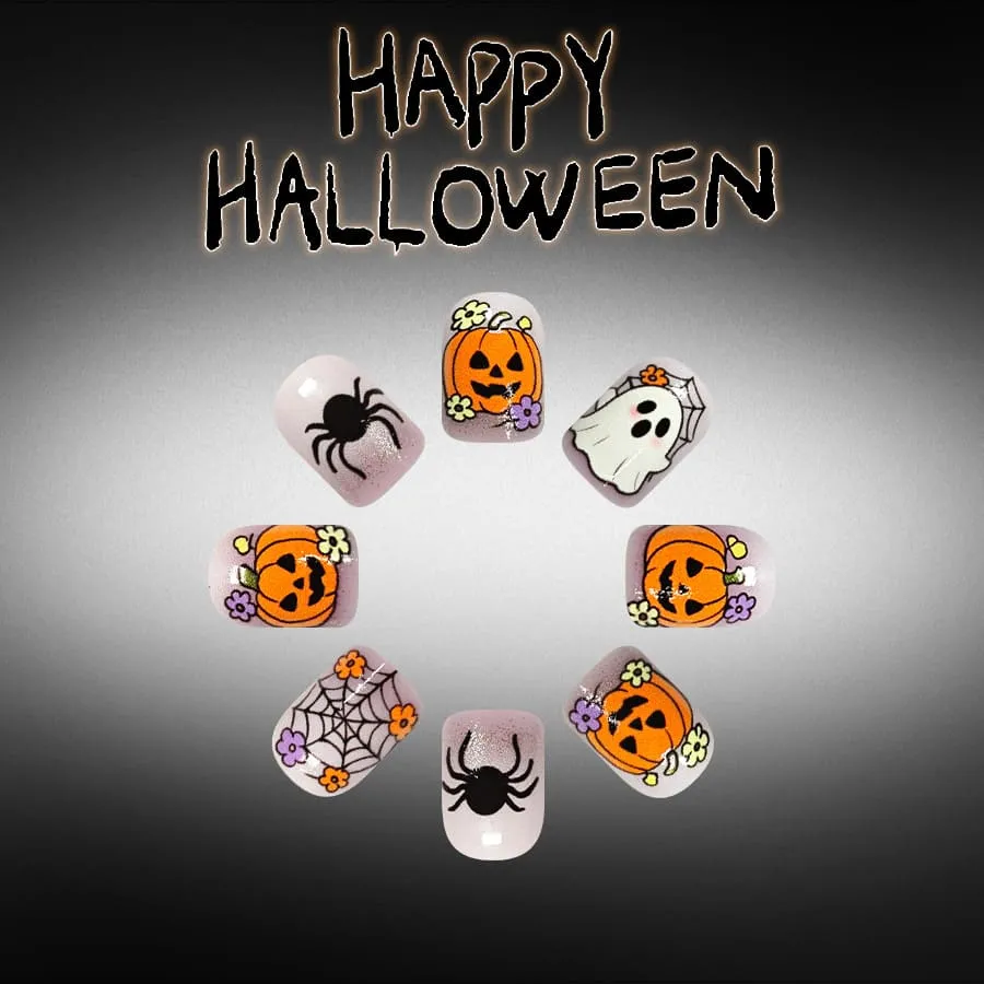 Nailhour 24Pcs Cute Pumpkin Ghost Halloween Short Squoval Press On Nails