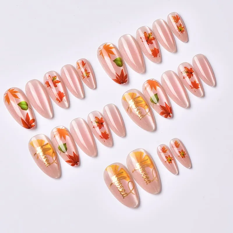 Nailhour 24Pcs Autumn Cat Eye Gilded Medium Almond Press On Nails