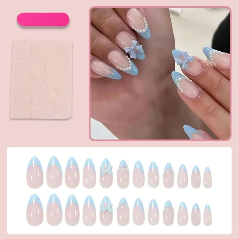 Nailhour 24Pcs Blue Bow 3D Medium Almond French Press On Nails