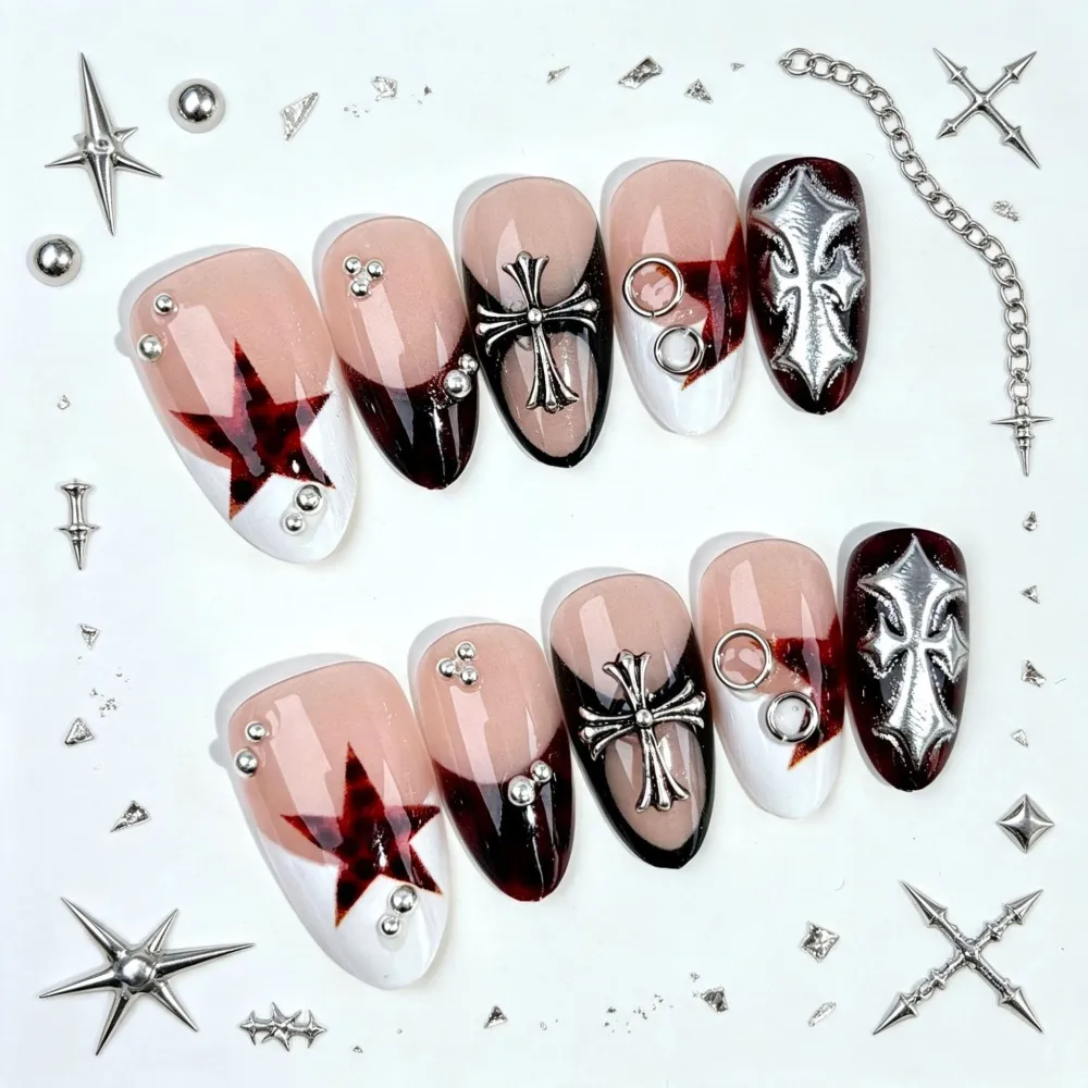 Nailhour 30Pcs Y2K Chrome Hearts 3D Medium Almond French Press On Nails