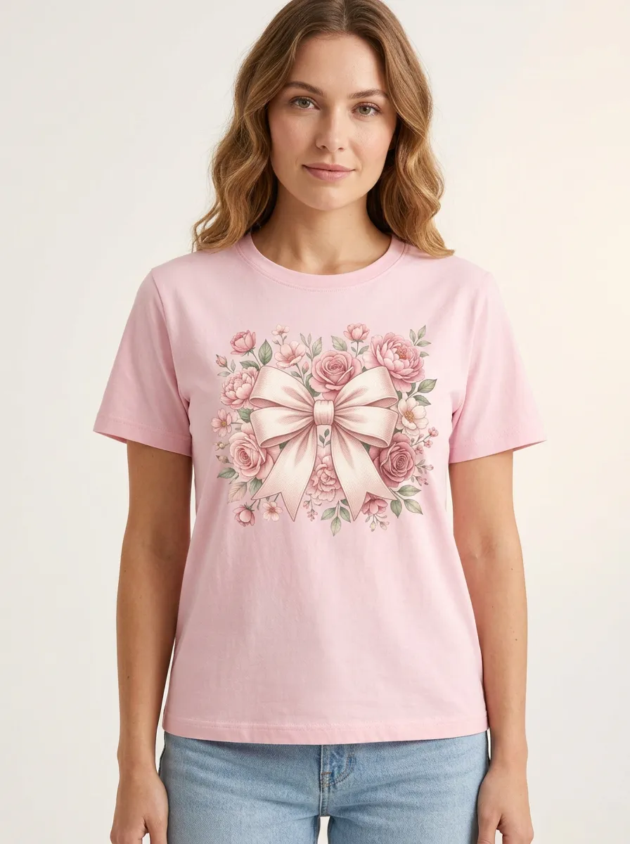 Women's Breast Cancer Awareness Pink Bow Floral Printed T-shirt