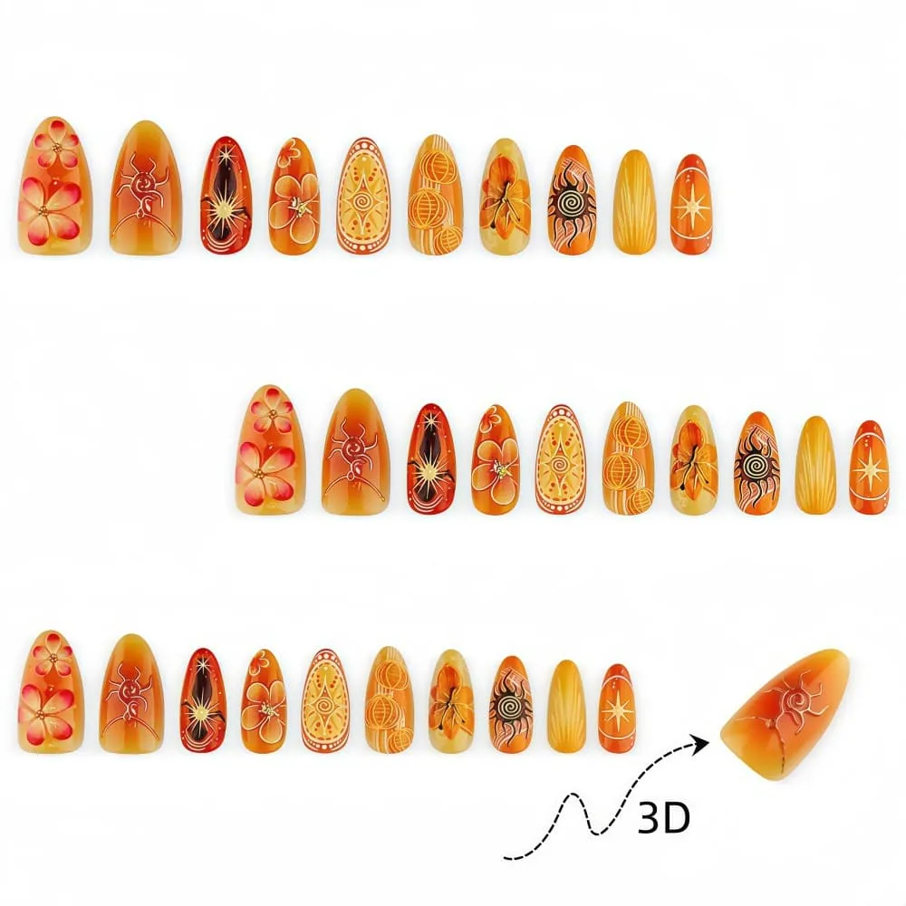 Nailhour 30Pcs Sunflower 3D Medium Almond Gilded Press On Nails