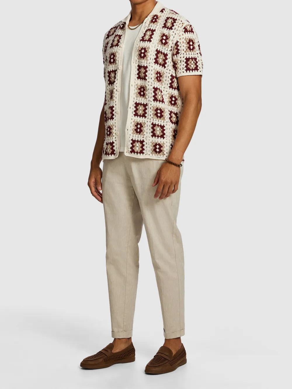 Beige And Red Patterned Knit Short Sleeve Shirt