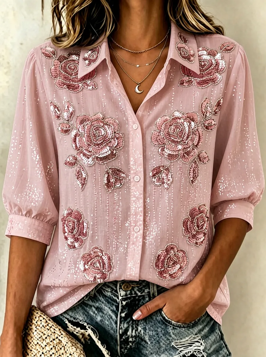 Women's Breast Cancer Awareness Pink Rose Sequin Embroidered Printed Shirt