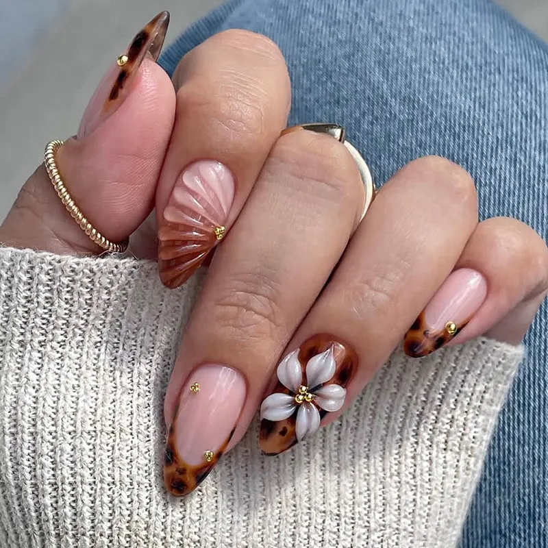 Nailhour 24Pcs Autumn 3D Medium Almond Press On Nails