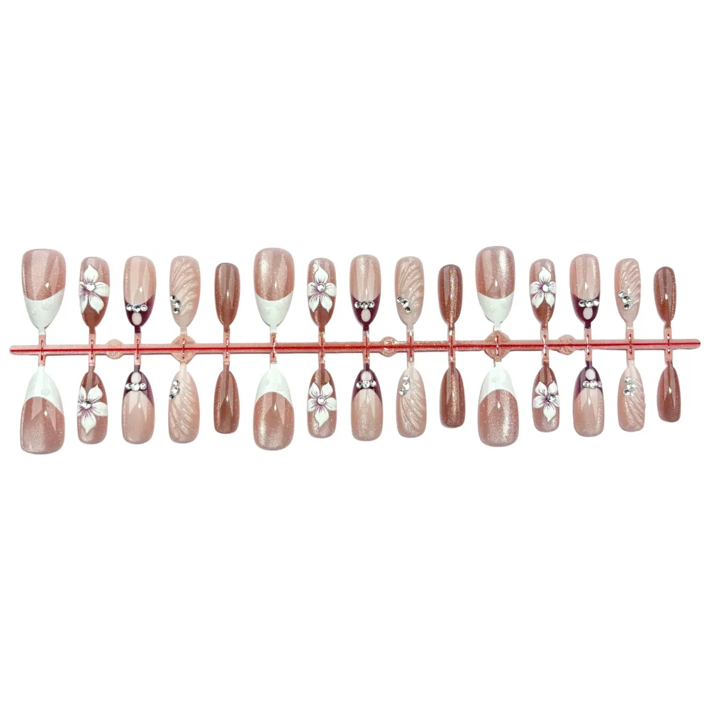 Nailhour 30Pcs Floral 3D Medium Almond French Press On Nails