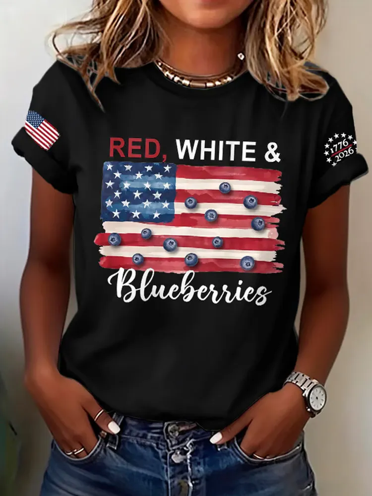 Retro Red White And Blueberries United States Of America • 1776–2026 Print T-Shirt