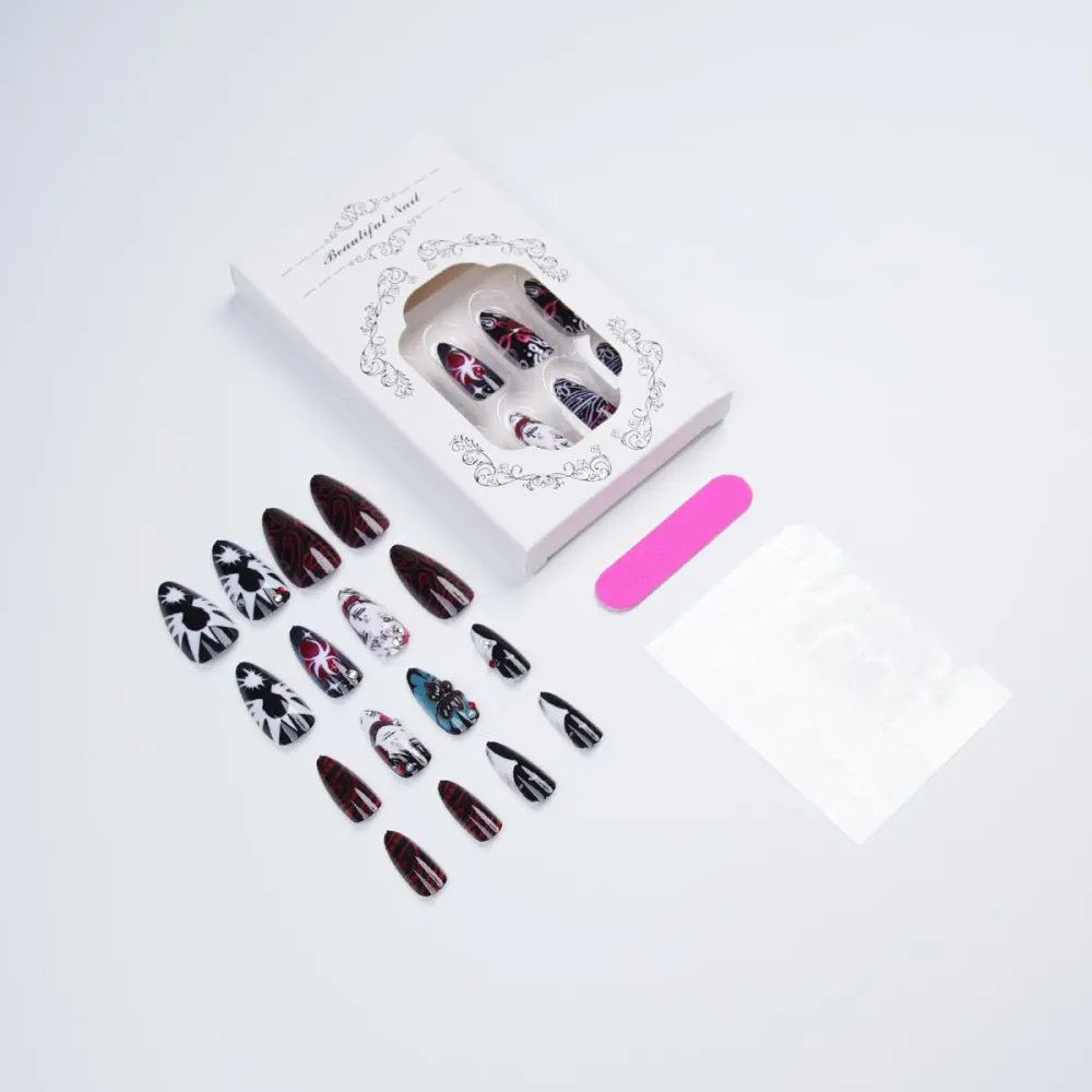 Nailhour 24Pcs Dark Gothic Rhinestone Multicolor Medium Almond Press On Nails
