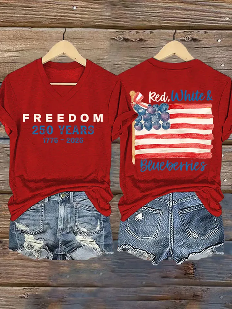 V-Neck Retro Independence Day Red, White & Blueberries Freedom Print T-Shirt