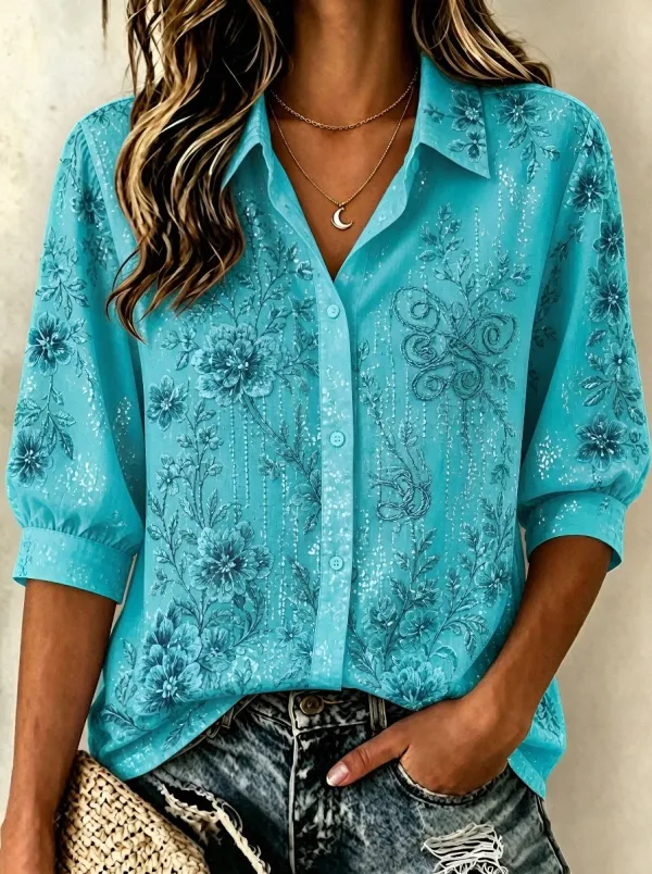 Women's Breast Cancer Awareness Pink Floral Embroidered Printed Shirt