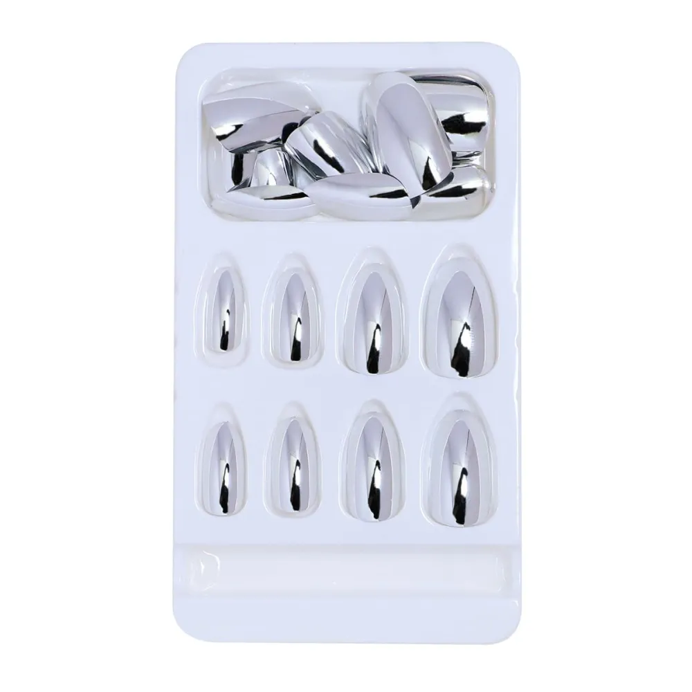 Nailhour 24Pcs Chrome Medium Oval French Press On Nails