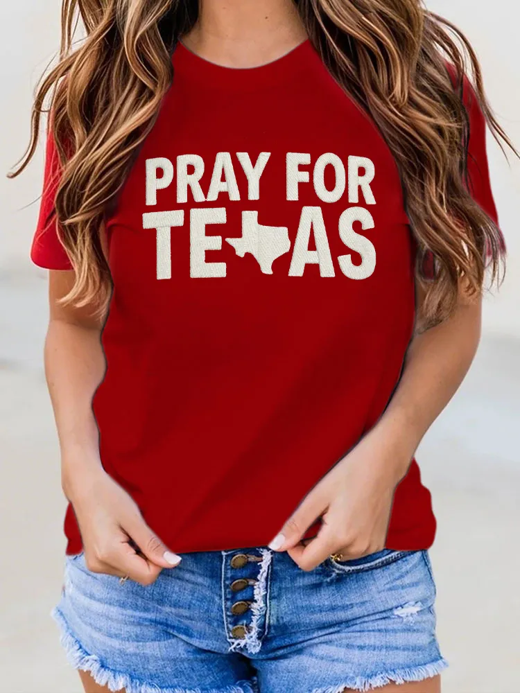 Ladies PPRY FOR TEXAS Simple Letter Print Round Neck Shirt