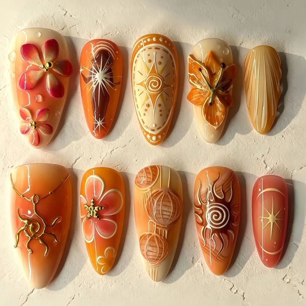 Nailhour 30Pcs Sunflower 3D Medium Almond Gilded Press On Nails