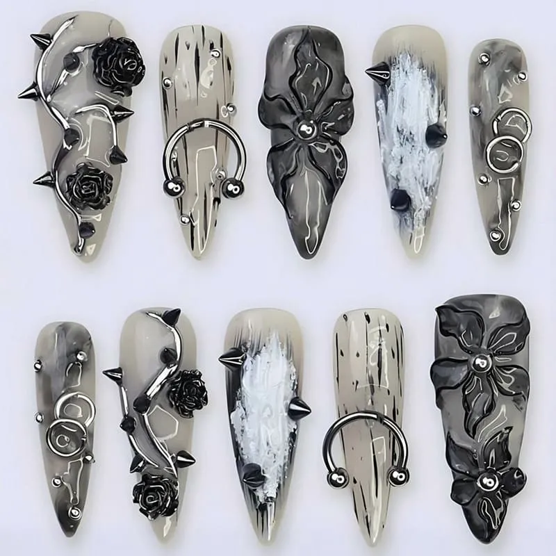 Nailhour 24Pcs Black Gothic 3D Floral Long Stiletto Press On Nails