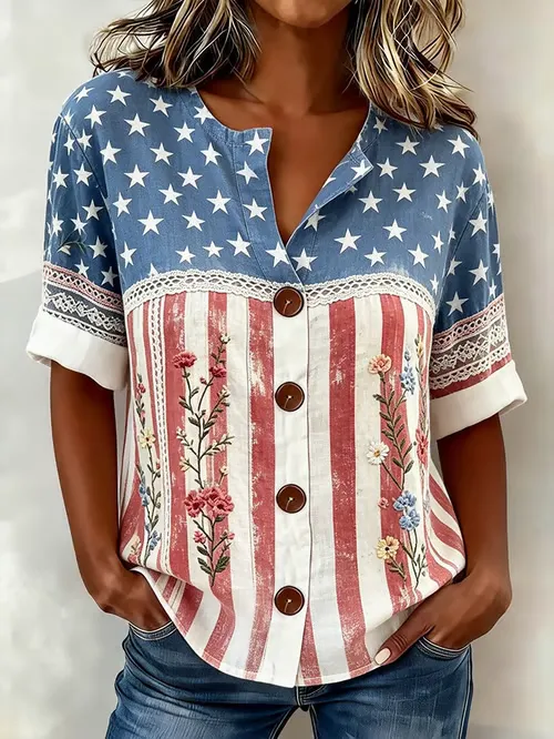 Women's Casual 250 Years  Short-Sleeve Cotton-Linen Top