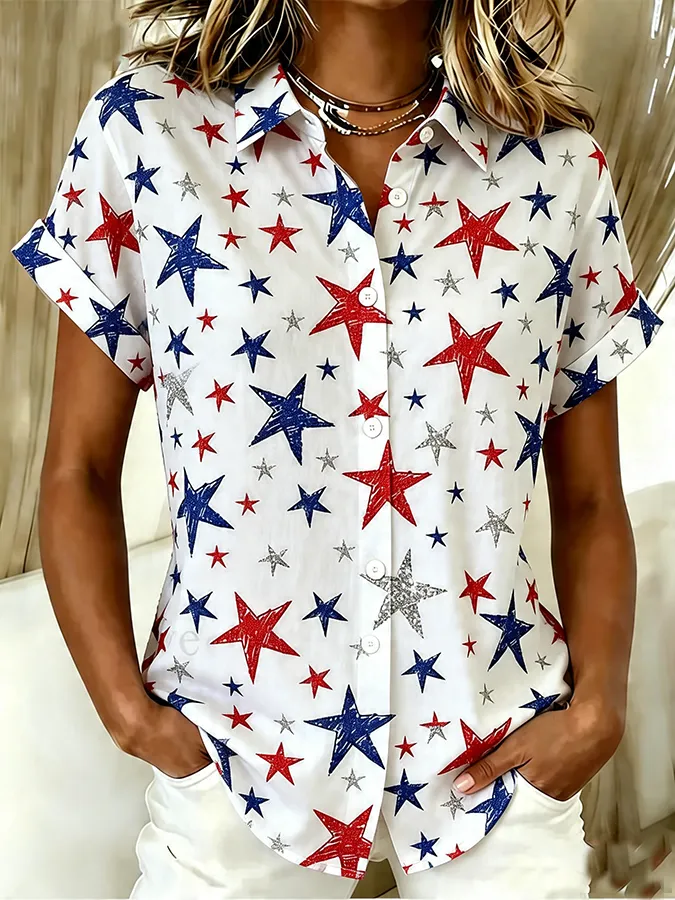 Women's Casual Patriot Cotton Linen Short-Sleeve Button-Up Shirt