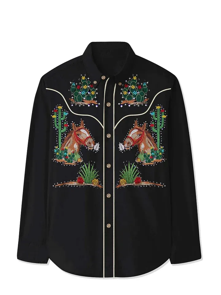 Western Cactus And Horse - 100% Cotton Long Sleeves Shirt