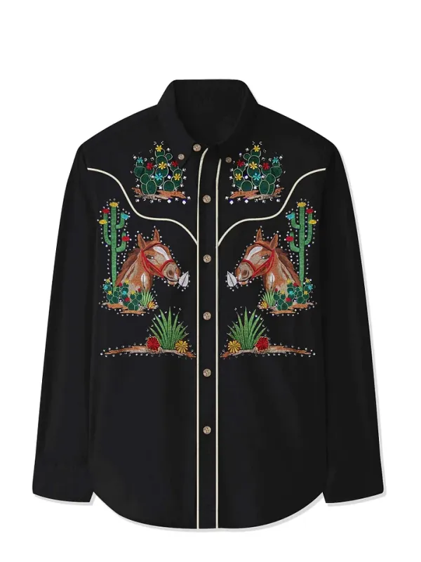 Western Cactus And Horse - 100% Cotton Long Sleeves Shirt