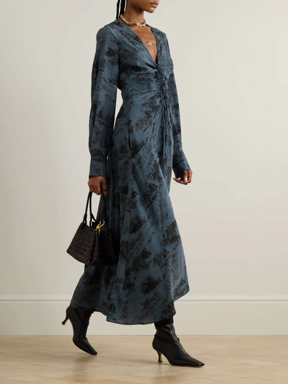 Ruched Waist Print Long Sleeve Dres