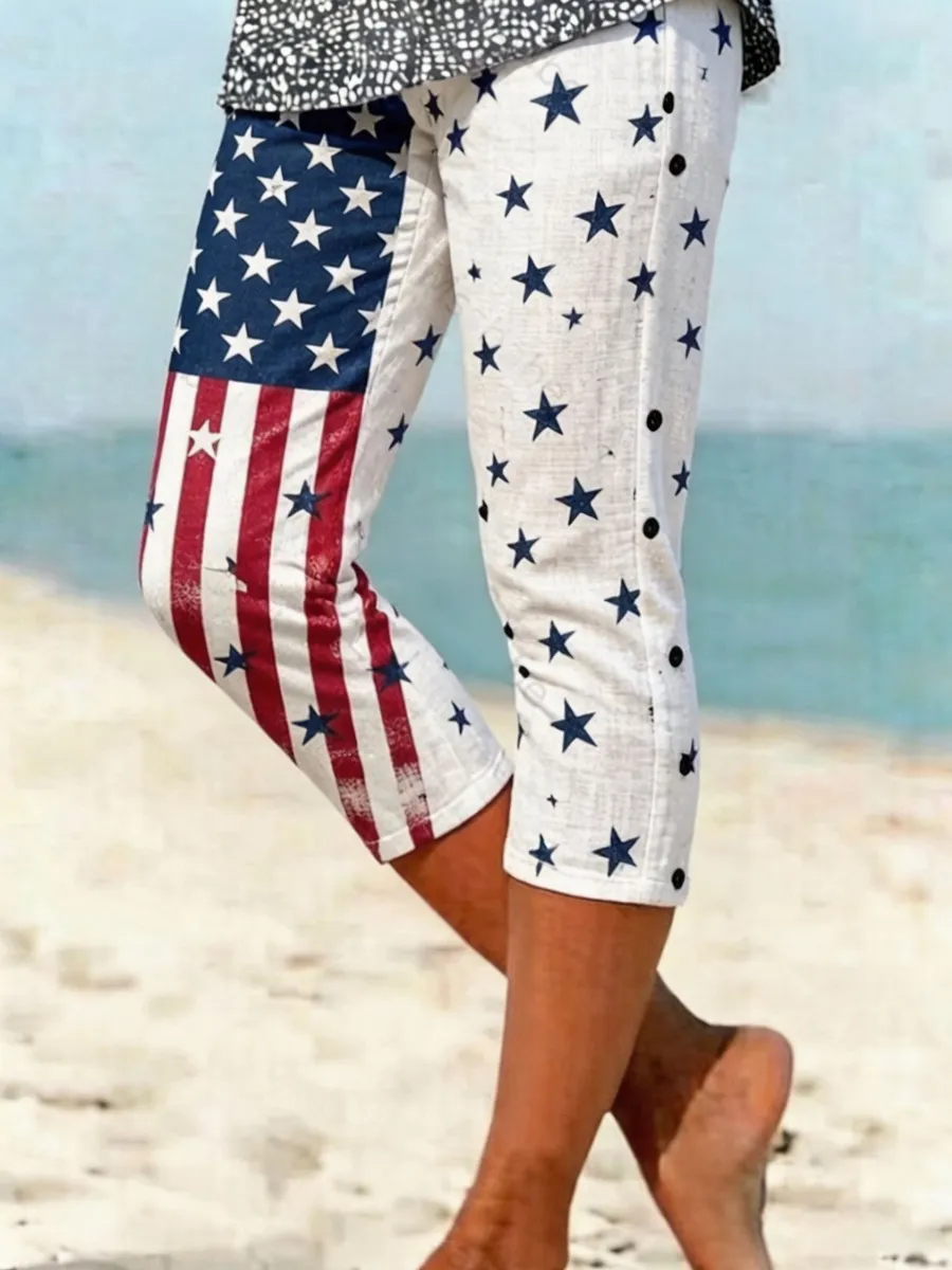 Star-Stripe Print Women's 7/8-Length Skinny Leggings