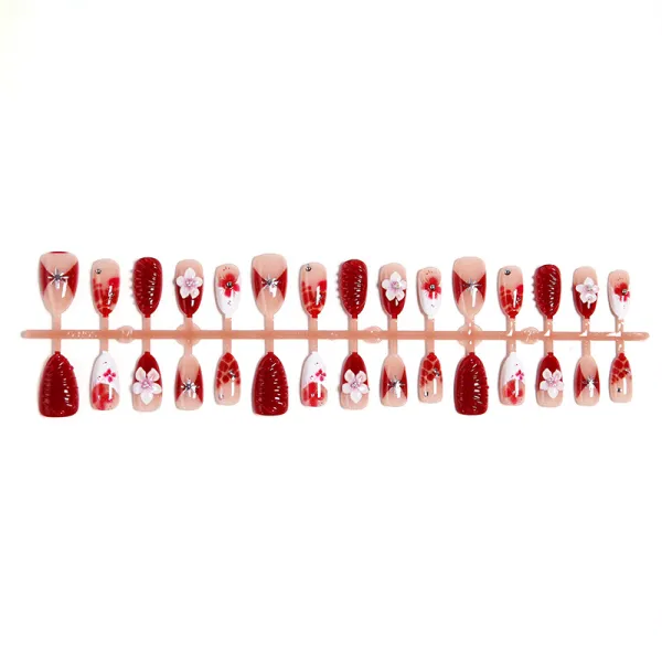 Nailhour French 3D Red Floral Stiletto 30Pcs Press On Nails