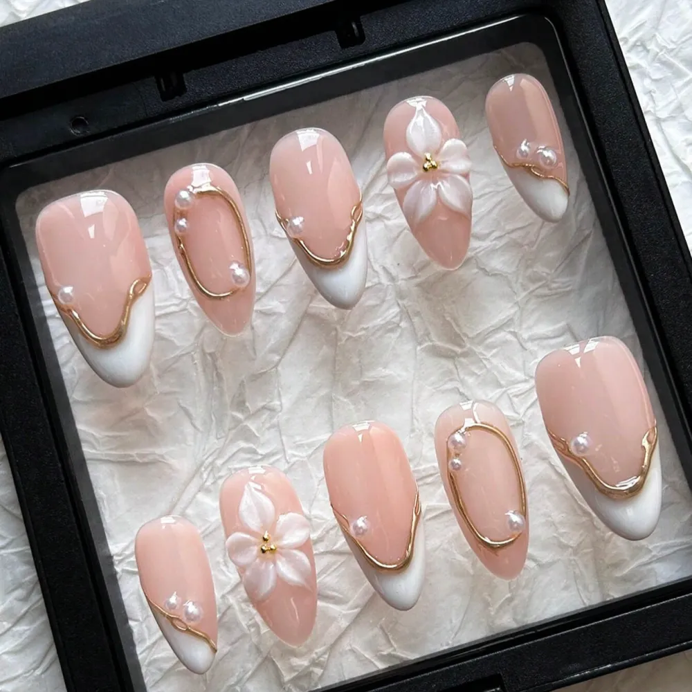 Nailhour 10Pcs Handmade French Medium Almond 3D Gilded Press On Nails