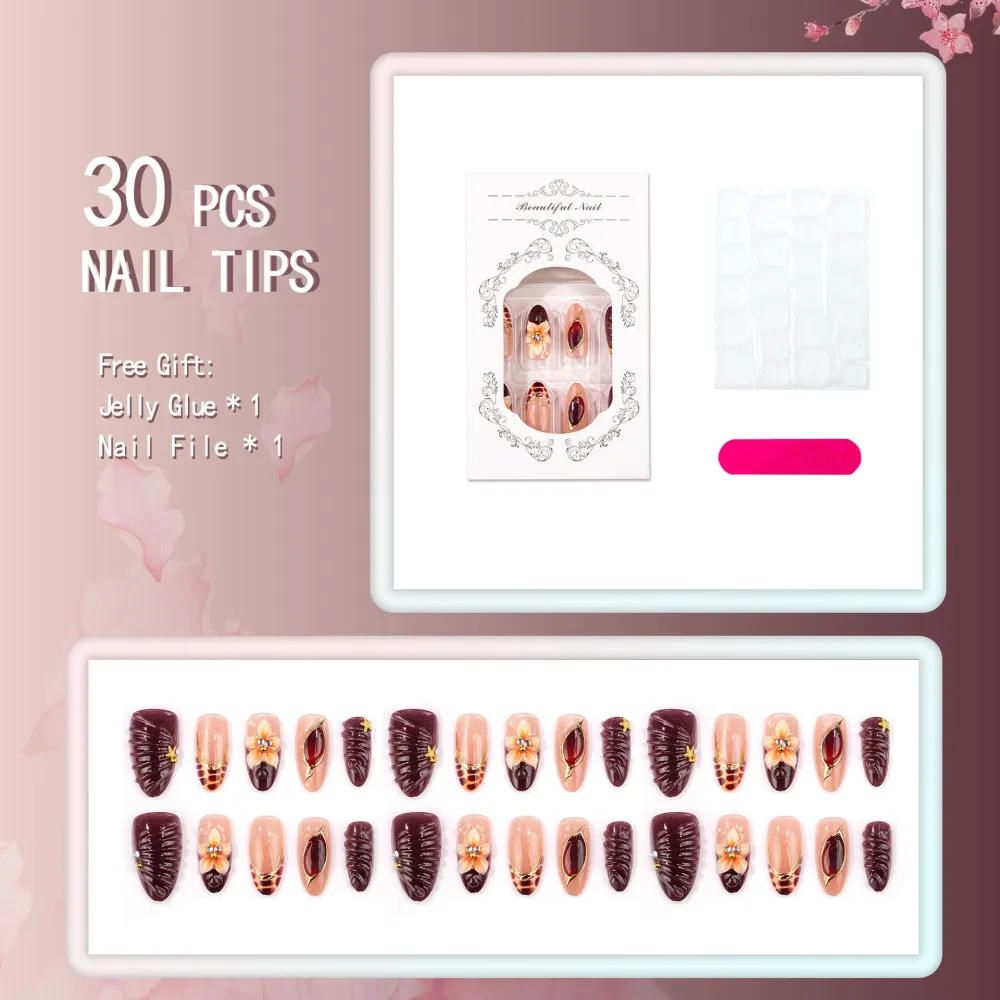 Nailhour 30Pcs Floral 3D Gradient Autumn Medium Almond French Press On Nails