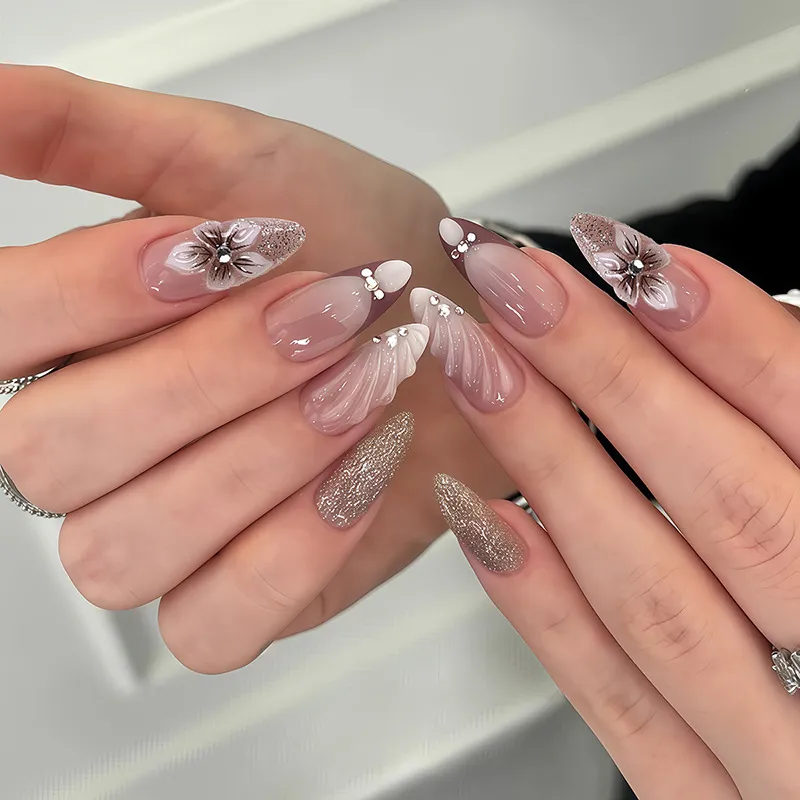Nailhour 24Pcs Purple Glitter 3D Medium Almond Press On Nails