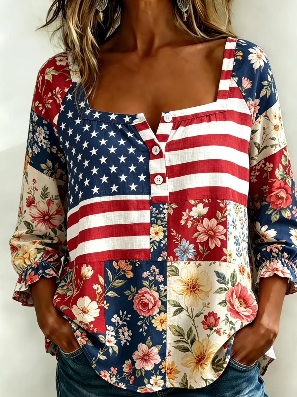 Ladies' Casual American 250Th Anniversary Founding Floral Personalized Printed Square Neck Half Sleeved Top