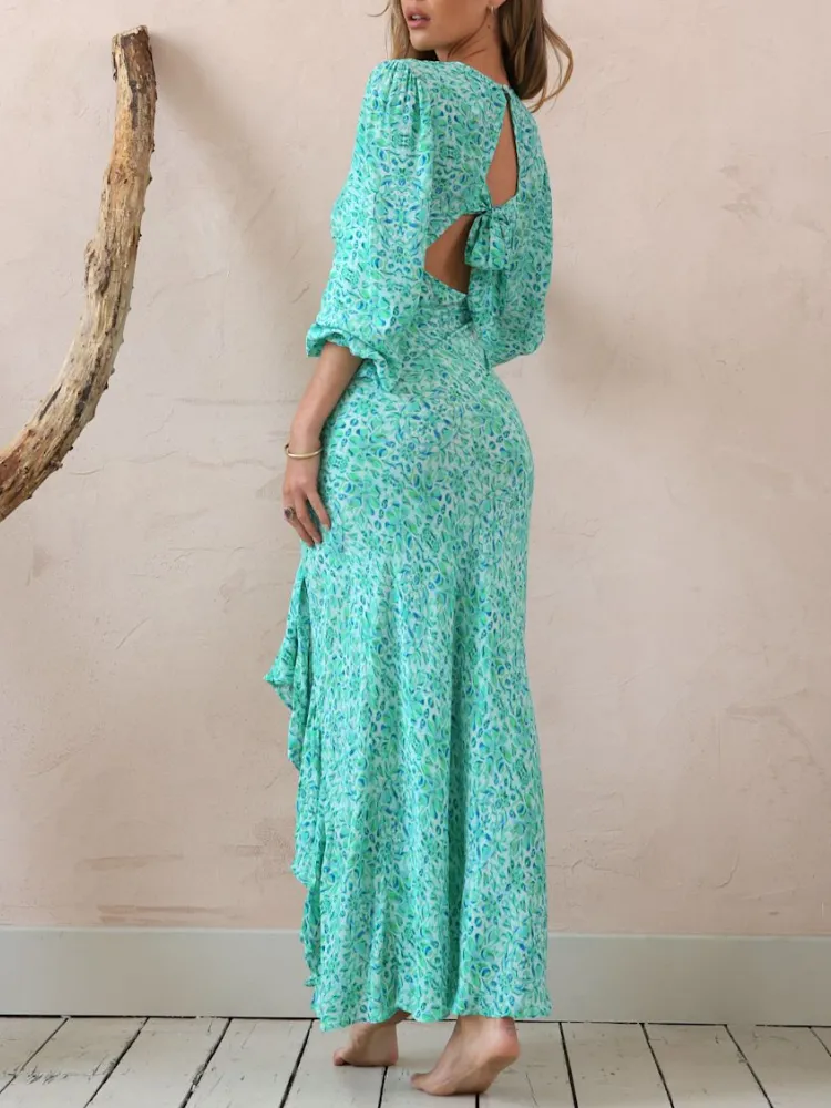 Ruffled Print V-Neck Dress