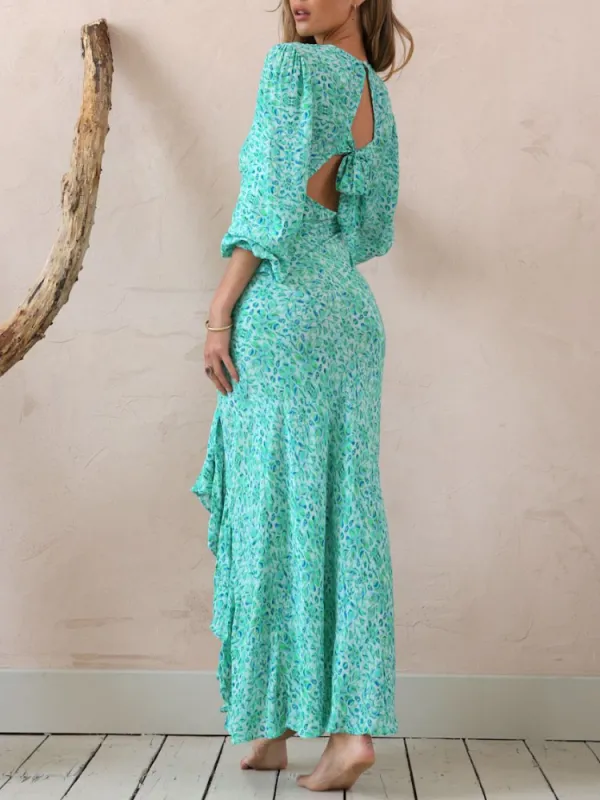 Ruffled Print V-Neck Dress