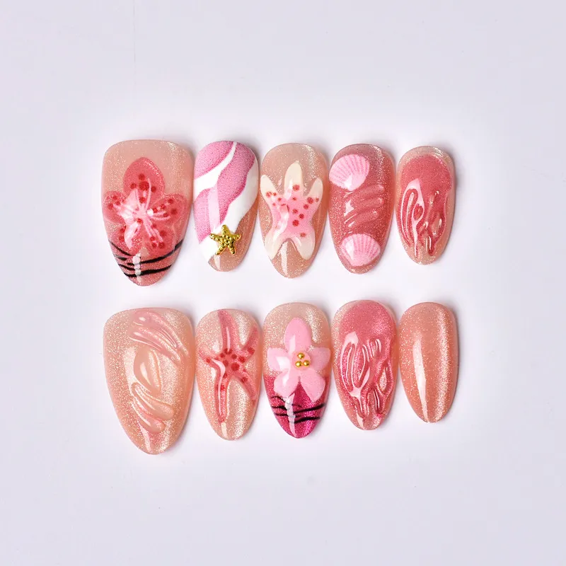 Nailhour 3D Pink Floral 30Pcs Jellyfish Press On Nails