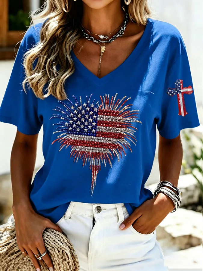 Women'S America Flag Print Casual V-Neck T-Shirt