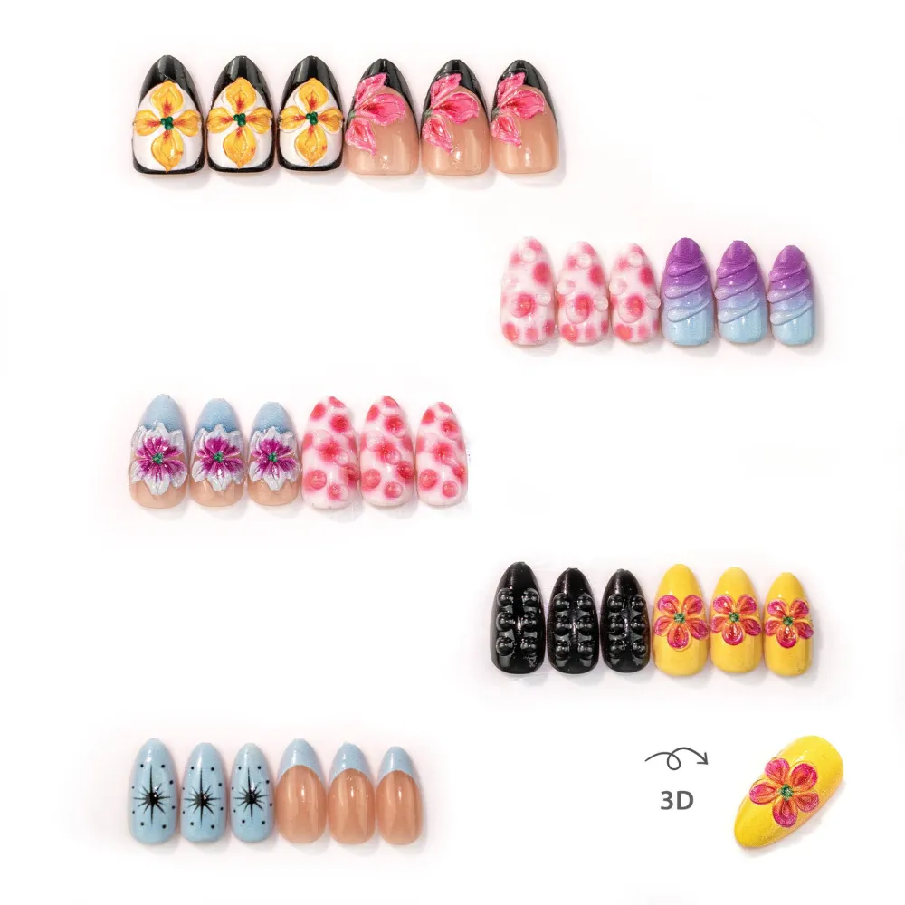 Nailhour 30Pcs Painted Leopard Print 3D Medium Almond French Press On Nails