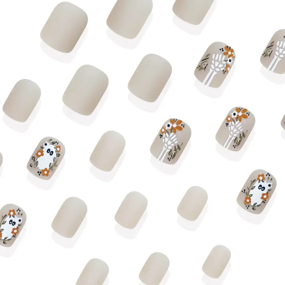 Nailhour 24Pcs Halloween Short Squoval Skull And Flowers Press On Nails