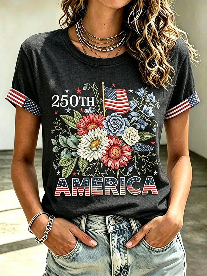 Ladies' Casual American 250Th Anniversary Flower Embroidered Round Neck Short Sleeved T-Shirt