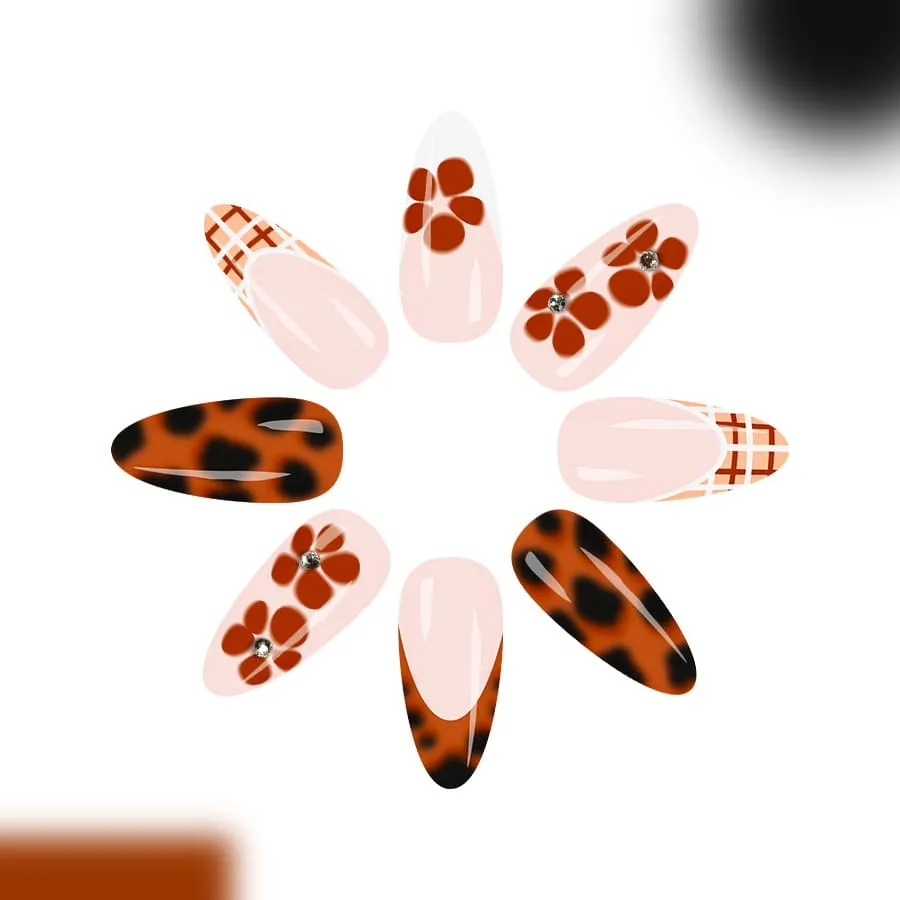 Nailhour 24Pcs Leopard Print Medium Almond French Press On Nails