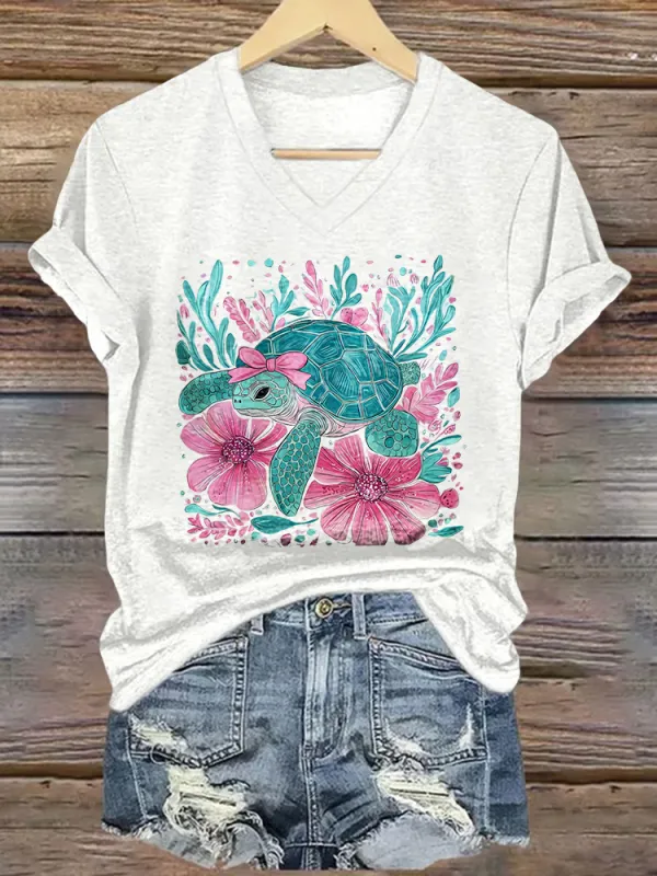 Women's Sea Turtles Short Sleeves V-Neck Pure Cotton T-Shirt