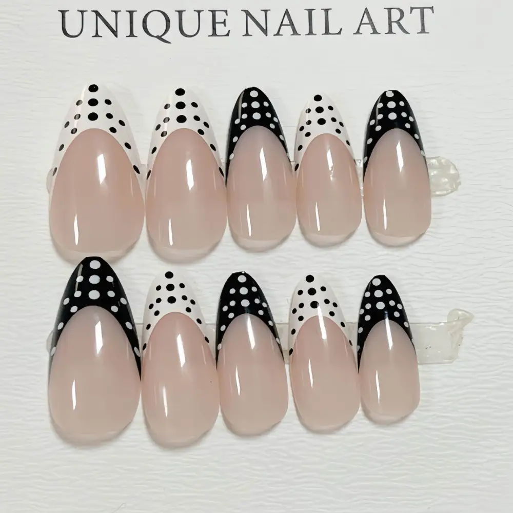 Nailhour 24pcs Polka Dots Almond French Black-white Press On Nails