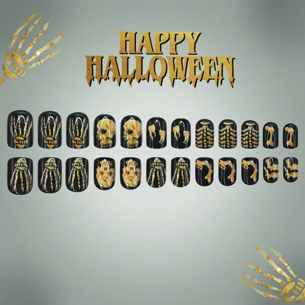Nailhour 24Pcs Black Halloween Short Oval Press On Nails