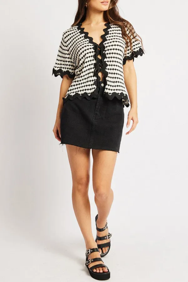 Multi Stripe Knit Cardigan Short Sleeve Tie Up