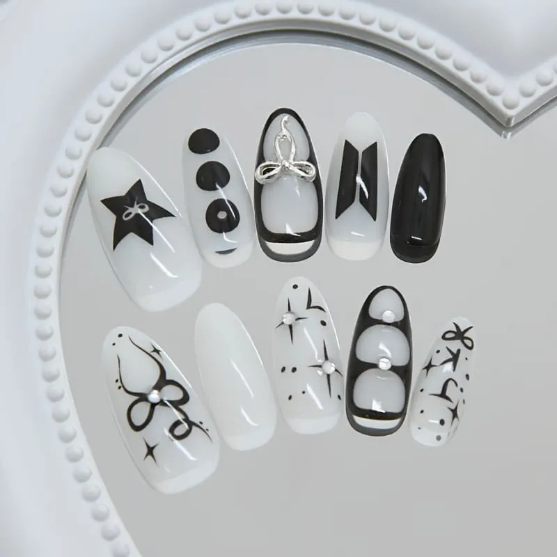 Nailhour 30Pcs 3D Vintage Black Rhinestone Medium Almond Press On Nails