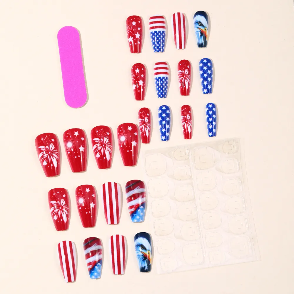 Nailhour 24pcs Medium Square Shiny Artificial Nail Tip Red White Blue Nail Art