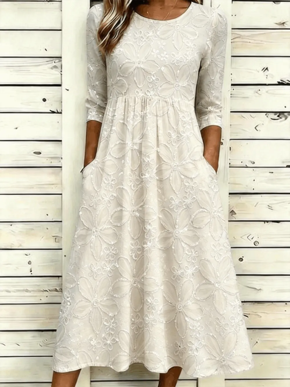 Women Floral Summer Dress Crew Neck Half Sleeve A-Line Dress