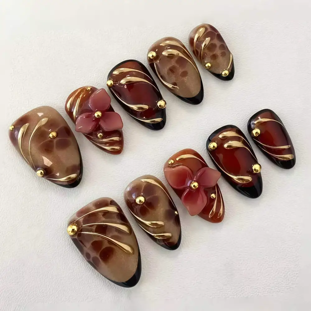Nailhour 30Pcs Autumn Brown Gilded Medium Almond Press On Nails