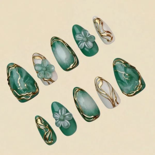 Nailhour 10Pcs Handmade Medium Almond 3D Gold Plated Press On Nails