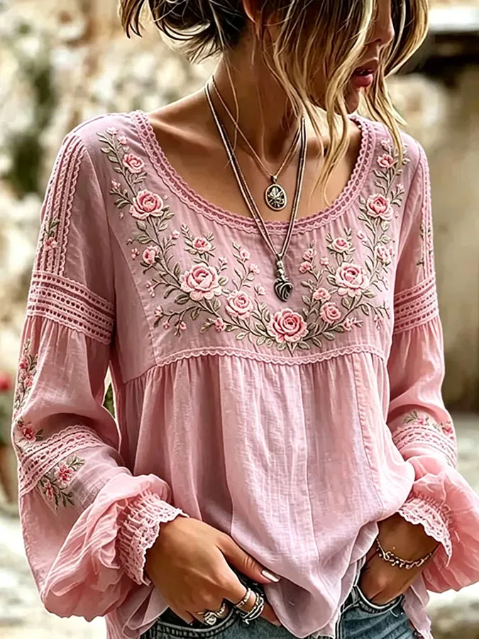Women'S Floral Printed Casual Cotton And Linen Top