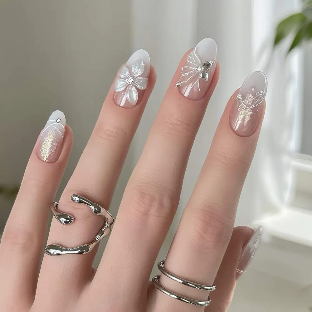 Nailhour 30Pcs White Gilded Medium Almond Press On Nails